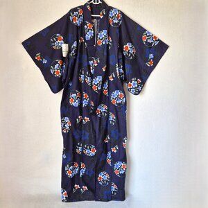 NWT Pret A Porter Floral Japanese Yukata Kimono Robe Cotton Blue *No Belt*